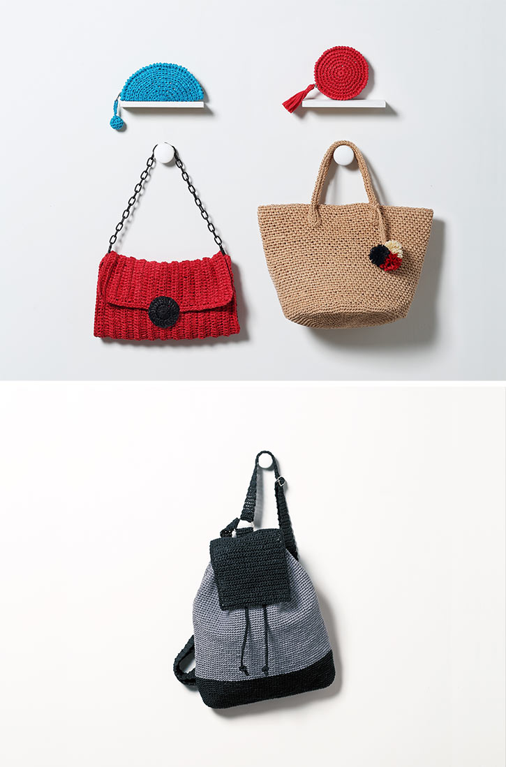 越膳夕香さんの新刊『洗えるマニラヘンプヤーンで編む　バッグ&ポーチ』の発売を記念して作品展を行います。